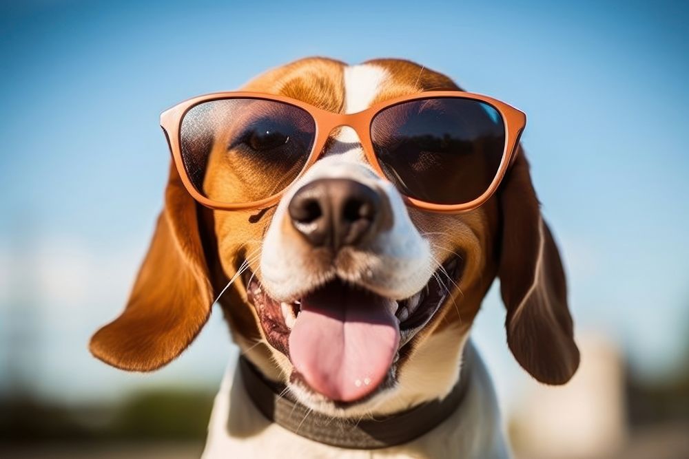 Happy beagle with sunglasses portrait animal mammal.