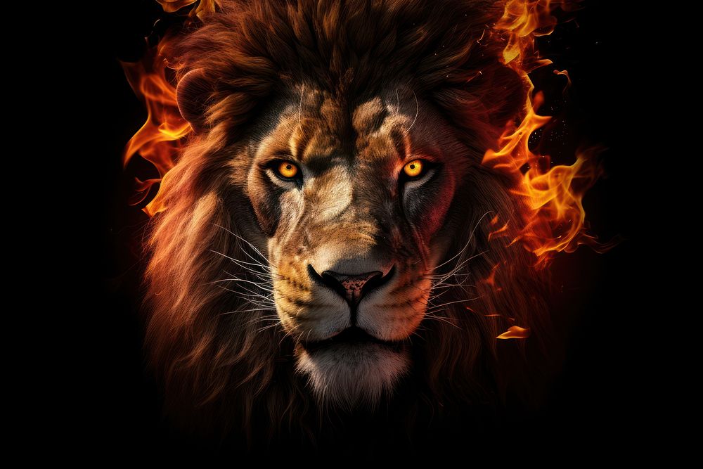 Lion mammal fire black background.