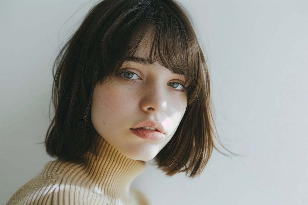 Young women Short And Midium Lenght bob with bangs hair portrait photography fashion.