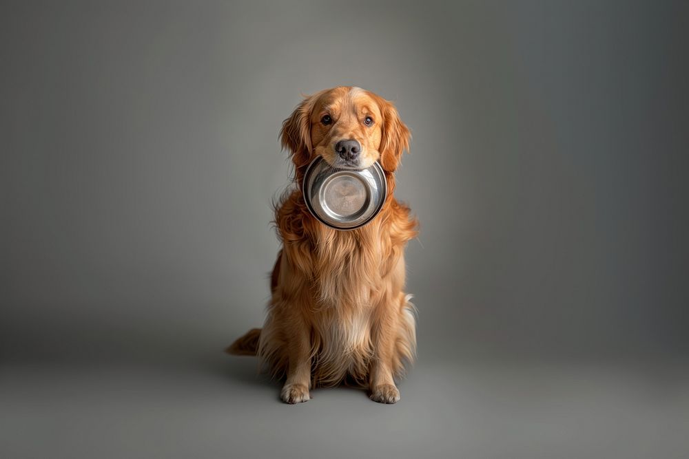 Golden retriever holding bowl animal pet photography.