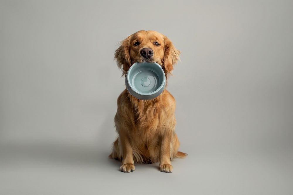 Golden retriever holding bowl animal pet dog.