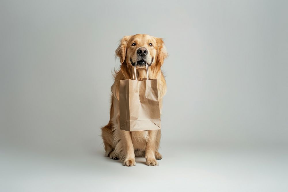 Golden retriever holding shopping animal pet mammal.