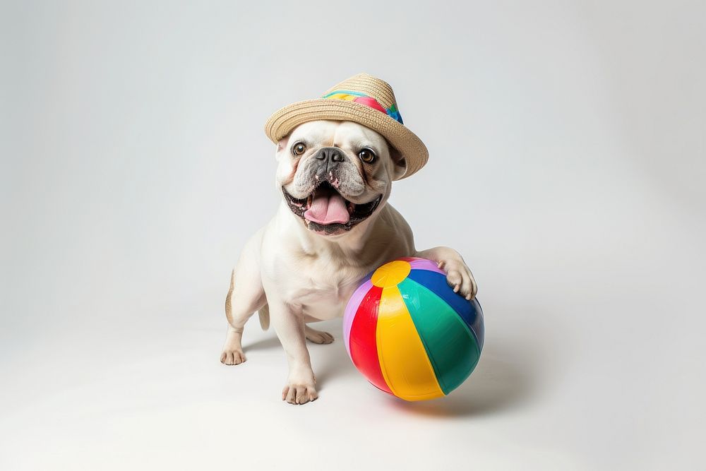 French bulldog holding beachball animal pet mammal.