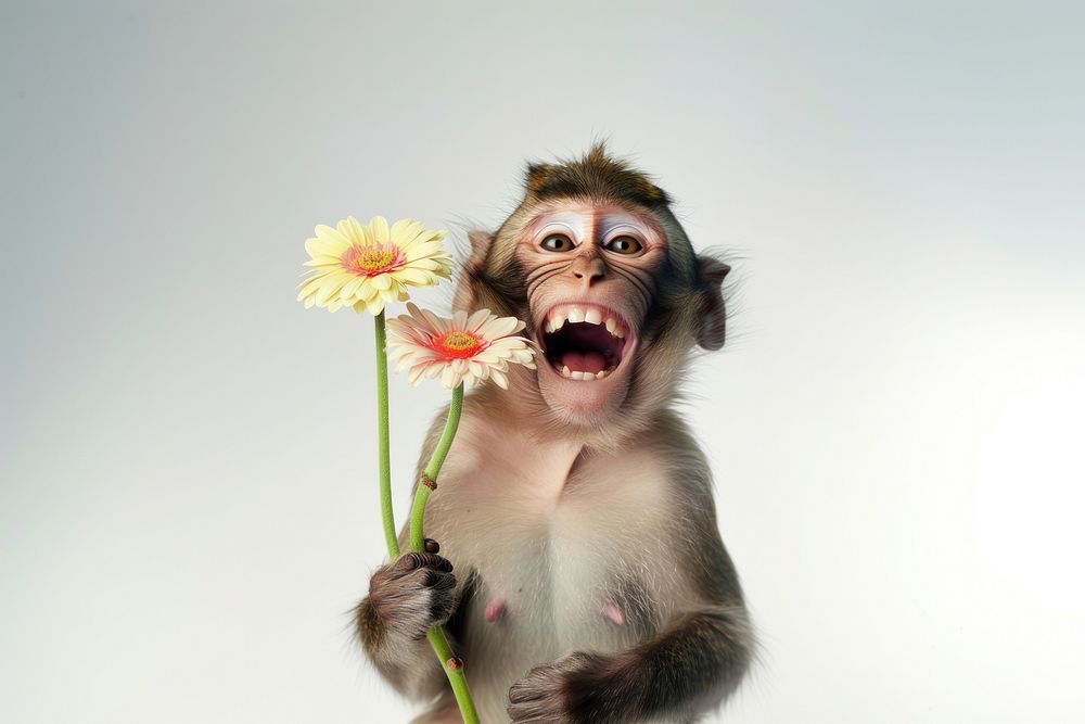 Monkey holding flower animal photography wildlife.