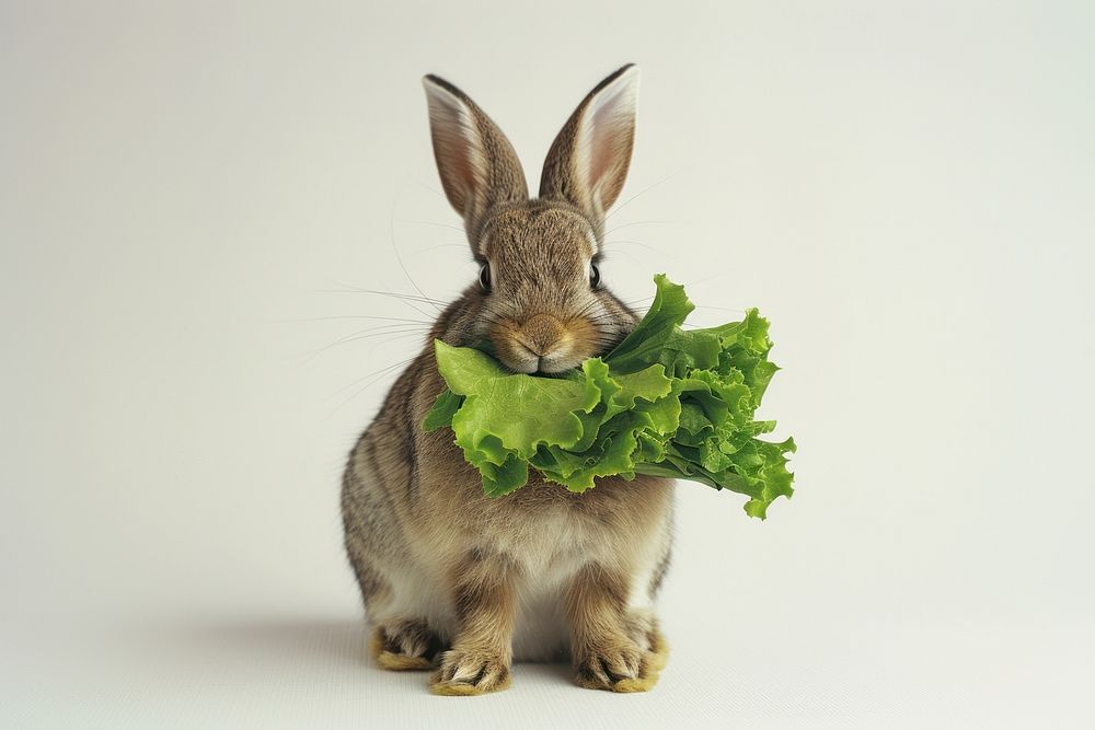 Rabbit holding lettuce animal rodent mammal.