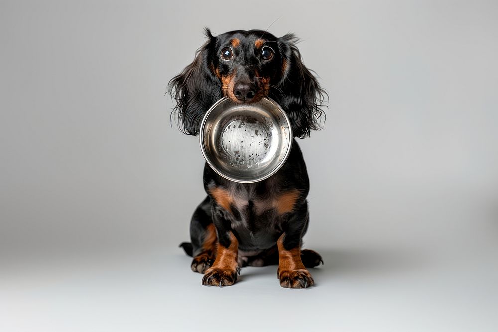 Dachshund holding bowl animal pet photography.