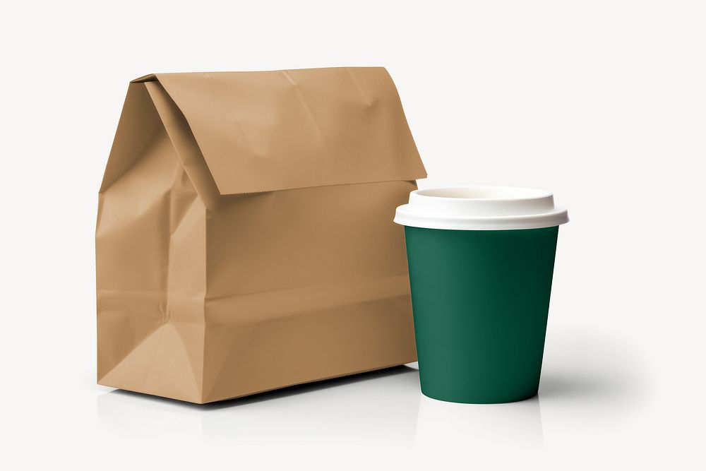 Green disposable coffee cup and brown paper bag