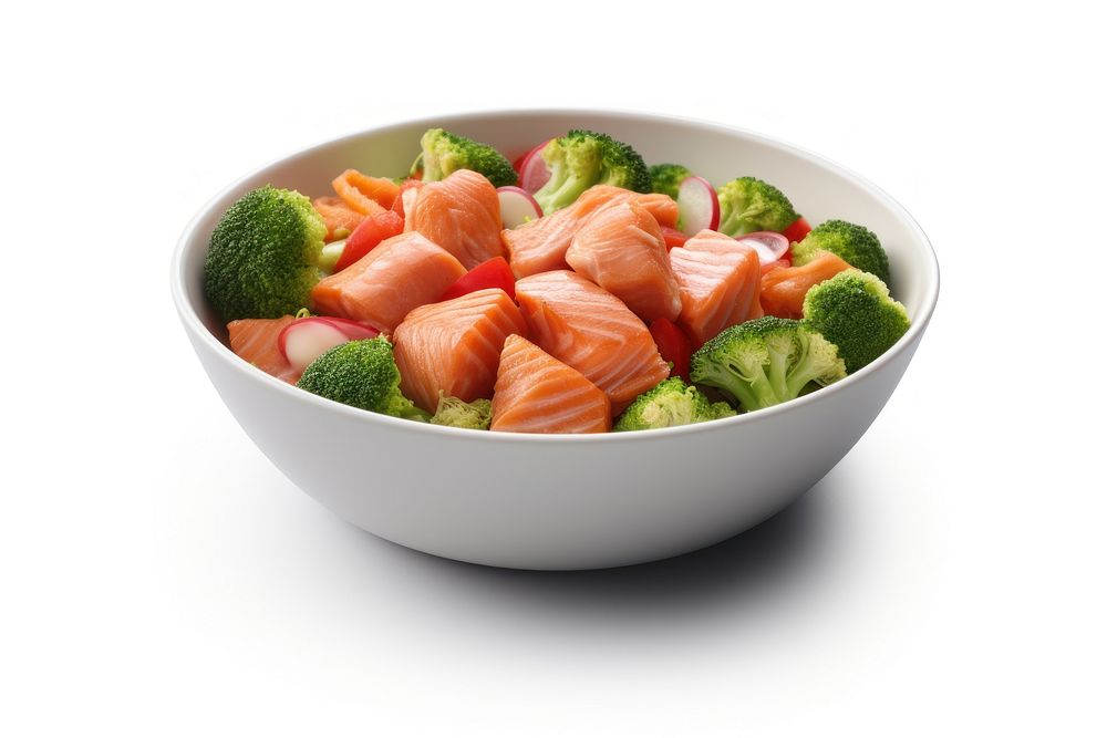 Bowl Diced Salmon and vegetables food white background strawberry.