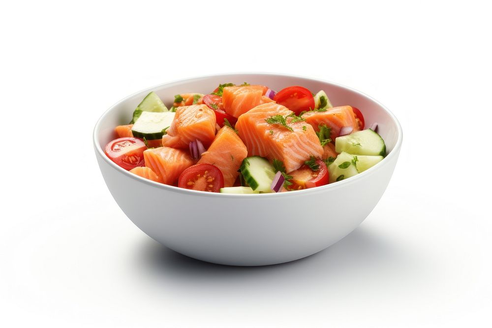 Bowl Diced Salmon and vegetables seafood meal white background.