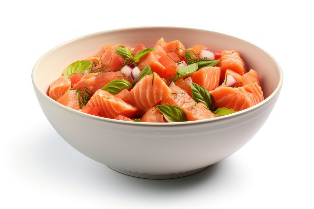 Bowl Diced Salmon and vegetables salmon seafood white background.
