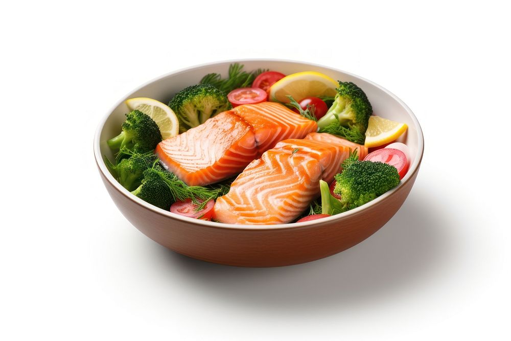 Bowl salmon and vegetables seafood meat meal.