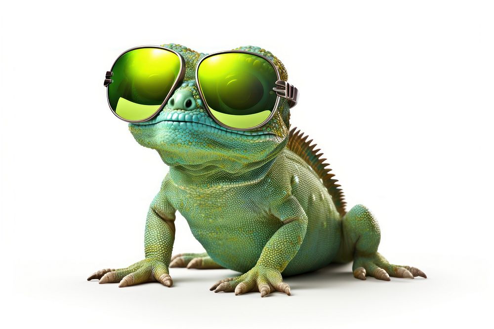 Full body chameleon wearing sunglasses reptile animal iguana.