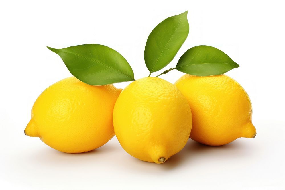 Three lemons with leaves fruit plant food.