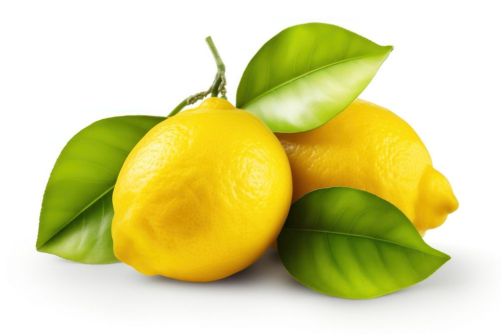 Three lemons with leaves fruit plant food.
