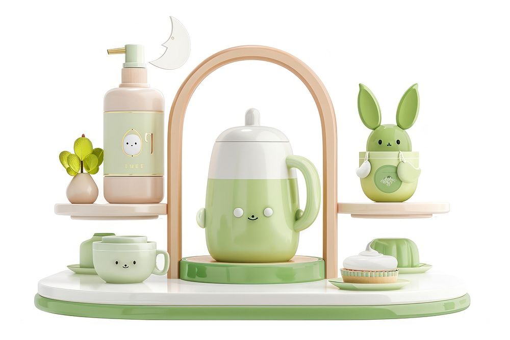 Teapot green cute white background.