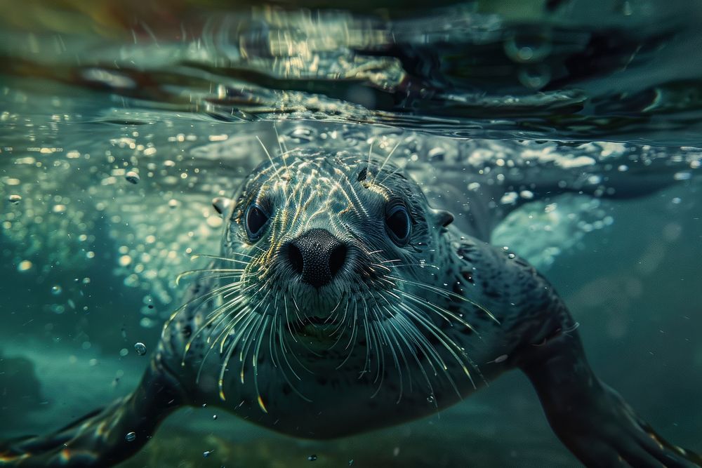 Underwater photo of animal mammal seal fish.