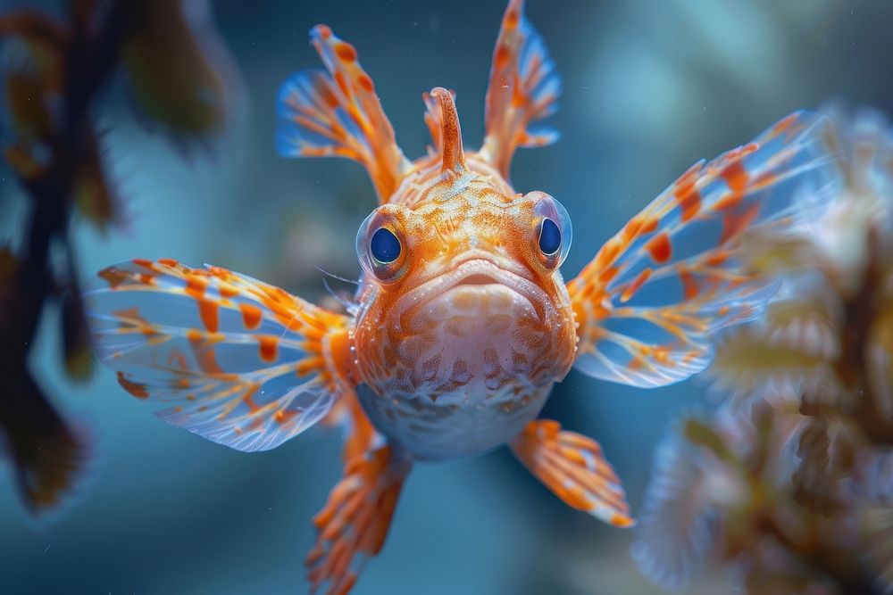 Underwater photo of animal fish pomacentridae scorpionfish.