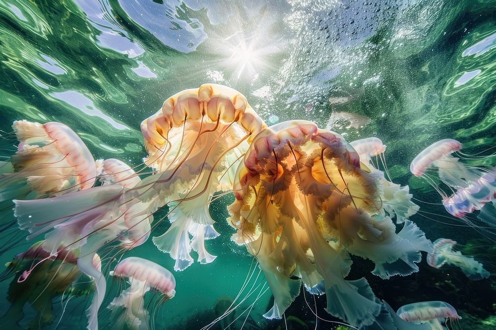Underwater photo of jellyfishes outdoors animal nature.