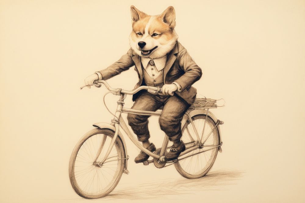 Dog characters riding bicycle drawing sketch vehicle.