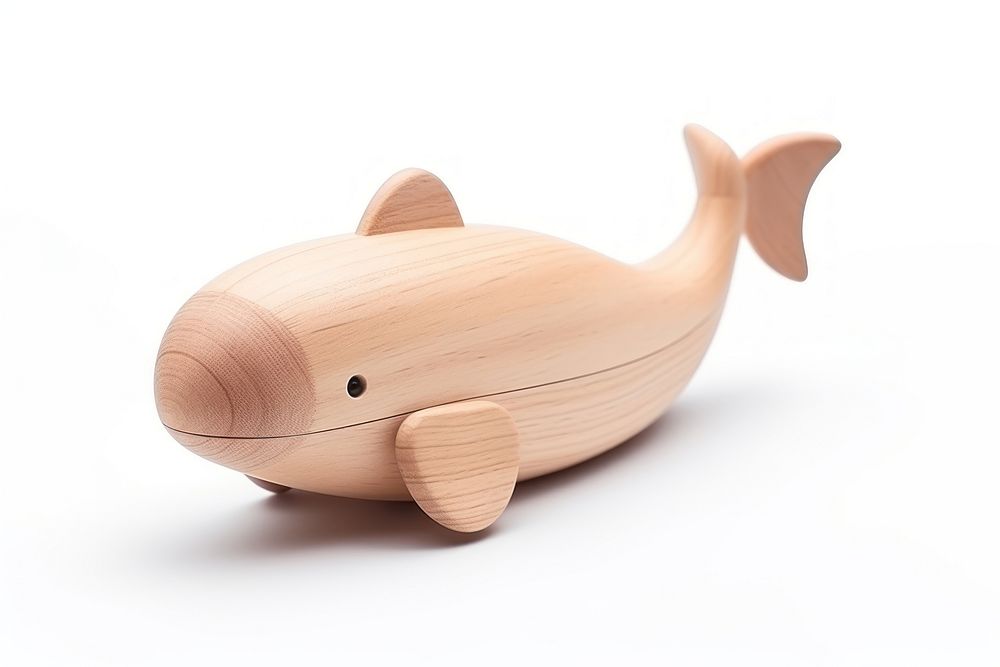 Wood toy whale white background.