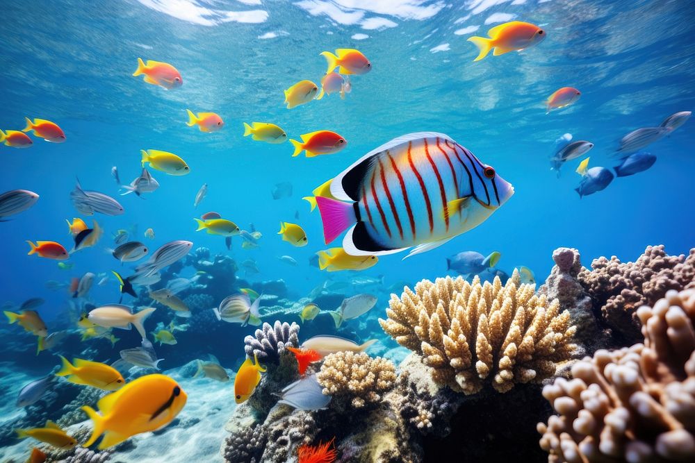 Reef fishes underwater aquarium outdoors.