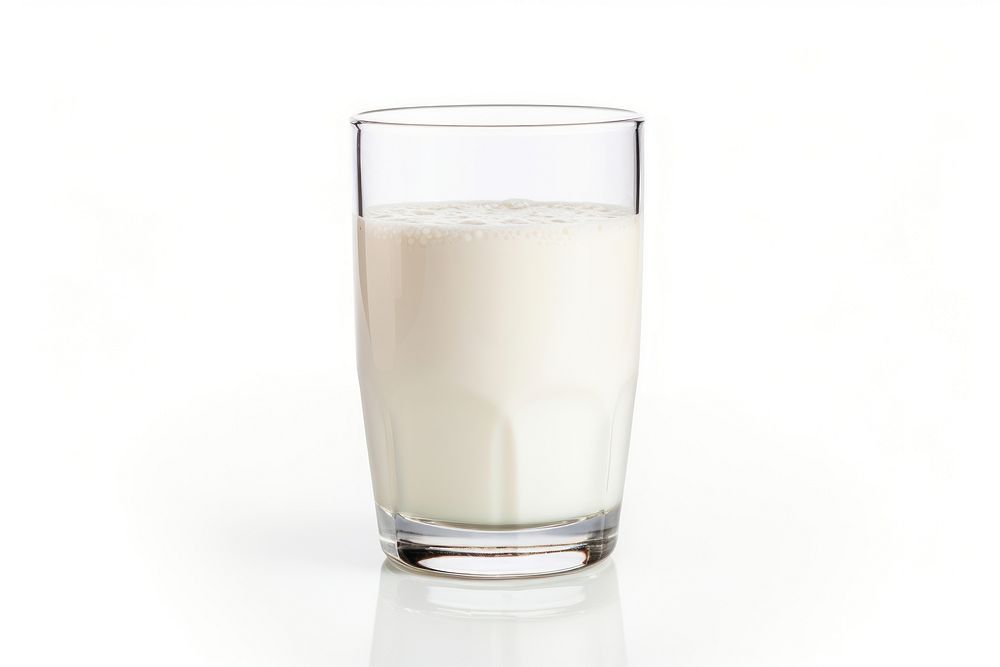 Glass of milk dairy drink white background.