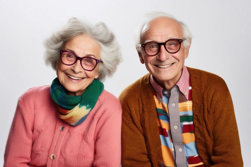 Old people portrait laughing glasses.