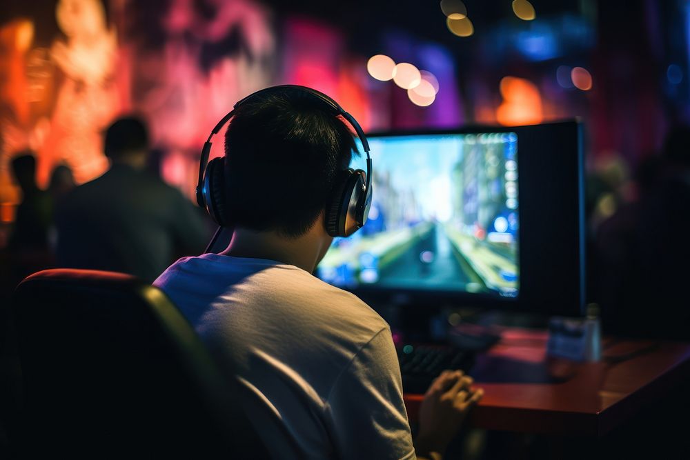 Man playing computer game headphones headset monitor.