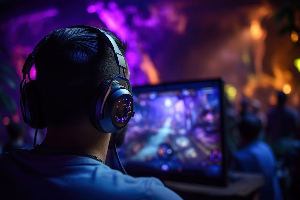 Man playing computer game headphones headset monitor.