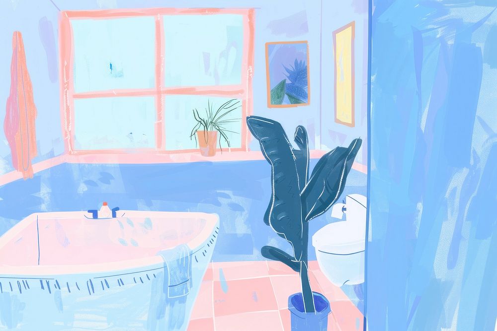 Cute bathroom interior illustration painting bathtub architecture.