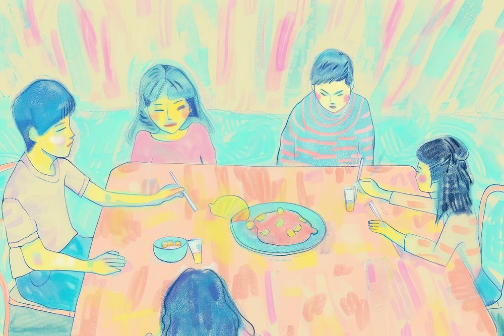 Cute family dining illustration drawing sketch togetherness.
