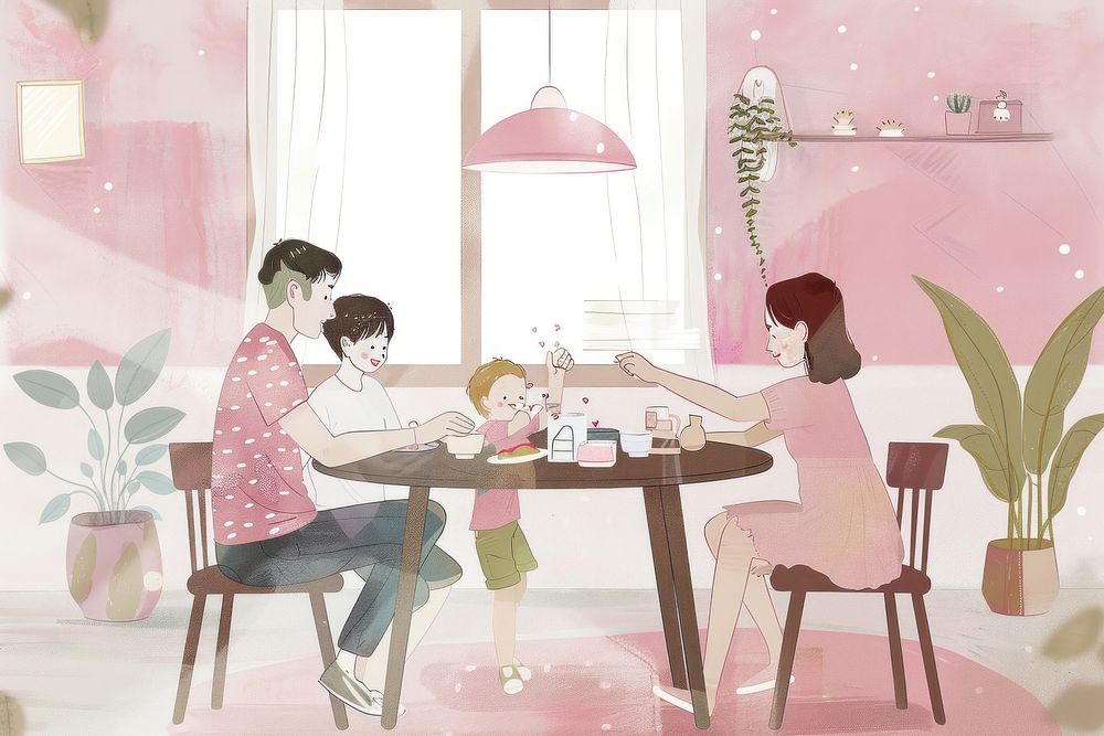 Cute family dining illustration furniture chair table.