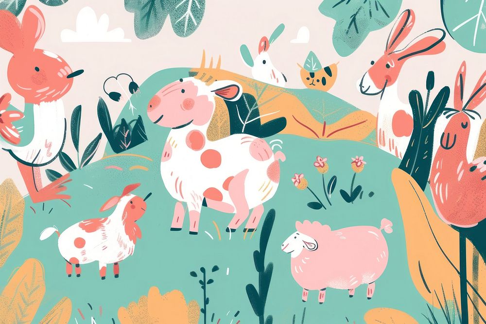 Cute farm animals illustration backgrounds livestock pattern.