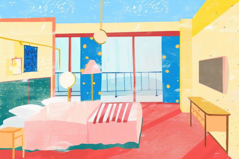 Cute hotel inside illustration architecture furniture painting.