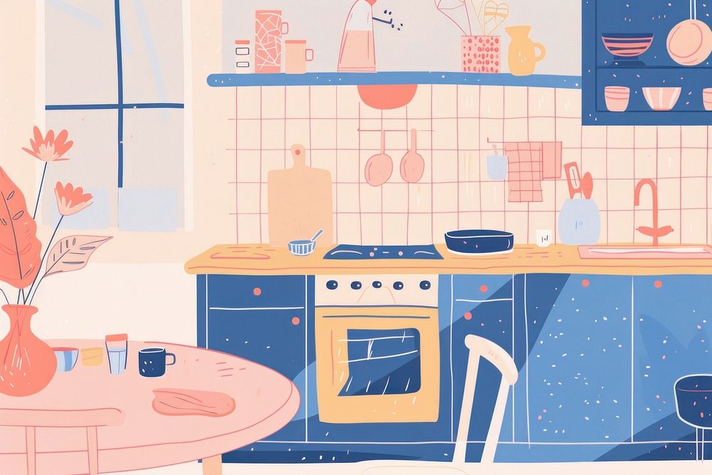 Cute kitchen interior illustration countertop appliance furniture.