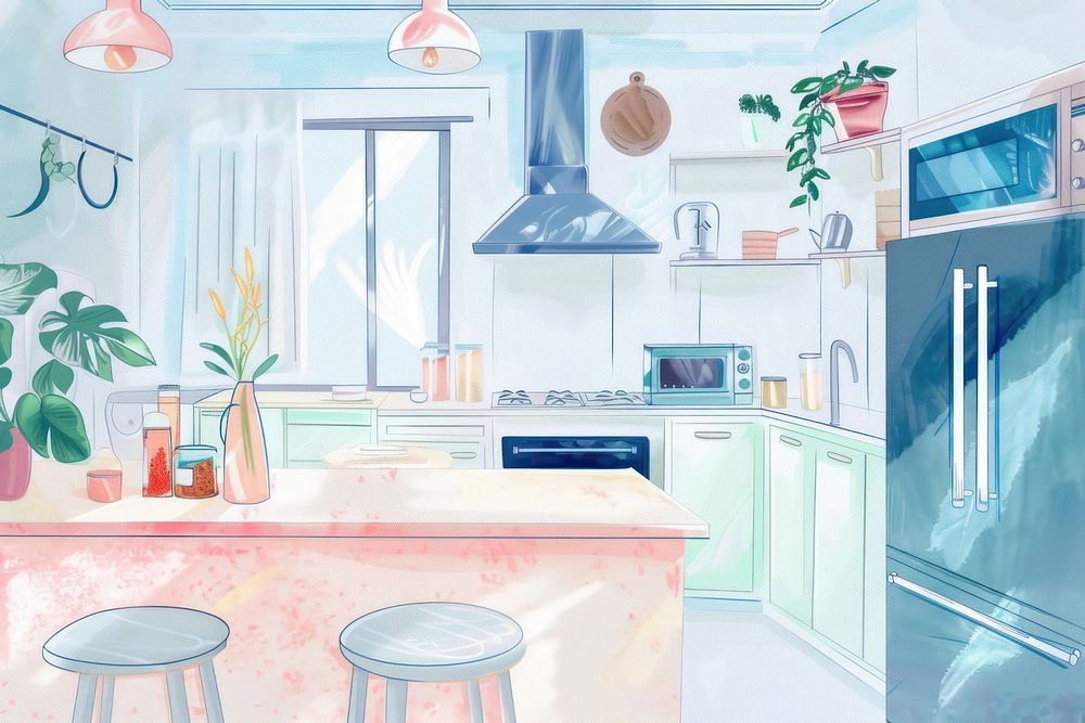 Cute kitchen interior illustration furniture appliance sink.