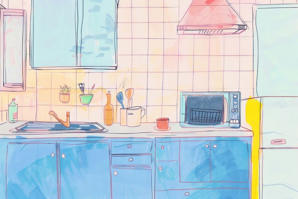 Cute kitchen interior illustration appliance drawing sketch.