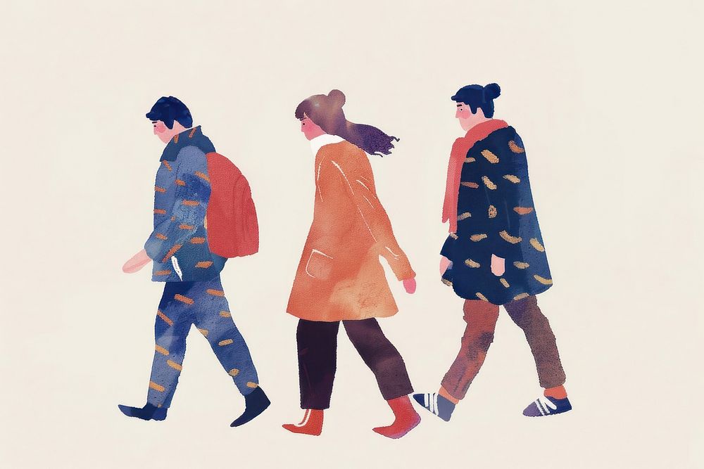 Cute people walking illustration fashion adult togetherness.