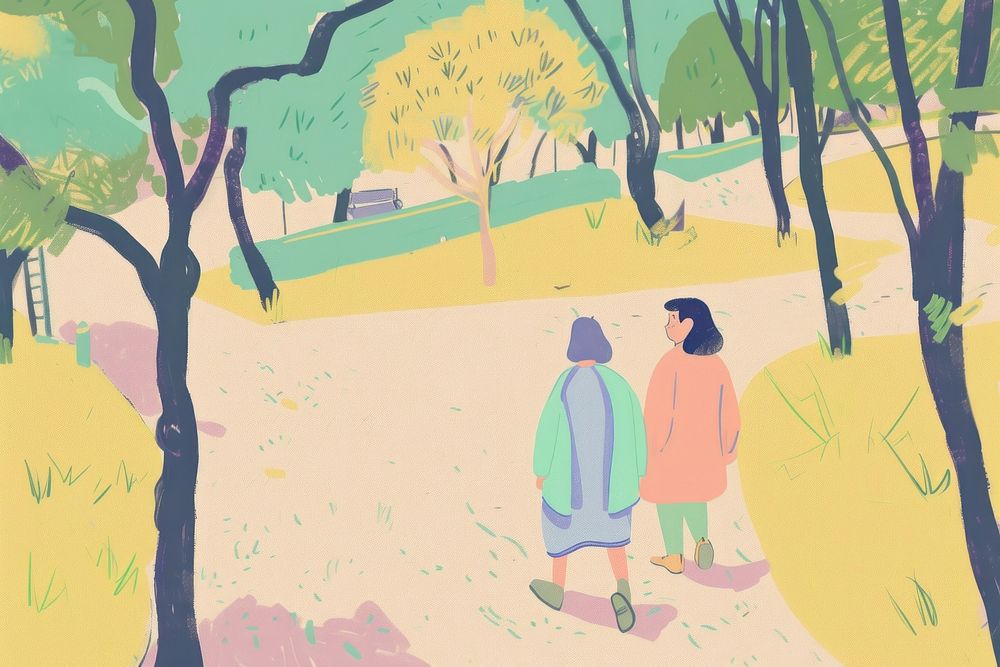 Cute people in park illustration painting walking drawing.