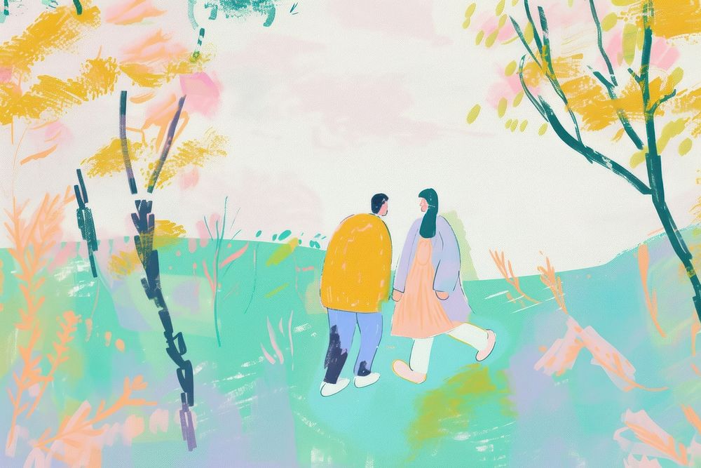 Cute people in park illustration painting walking drawing.