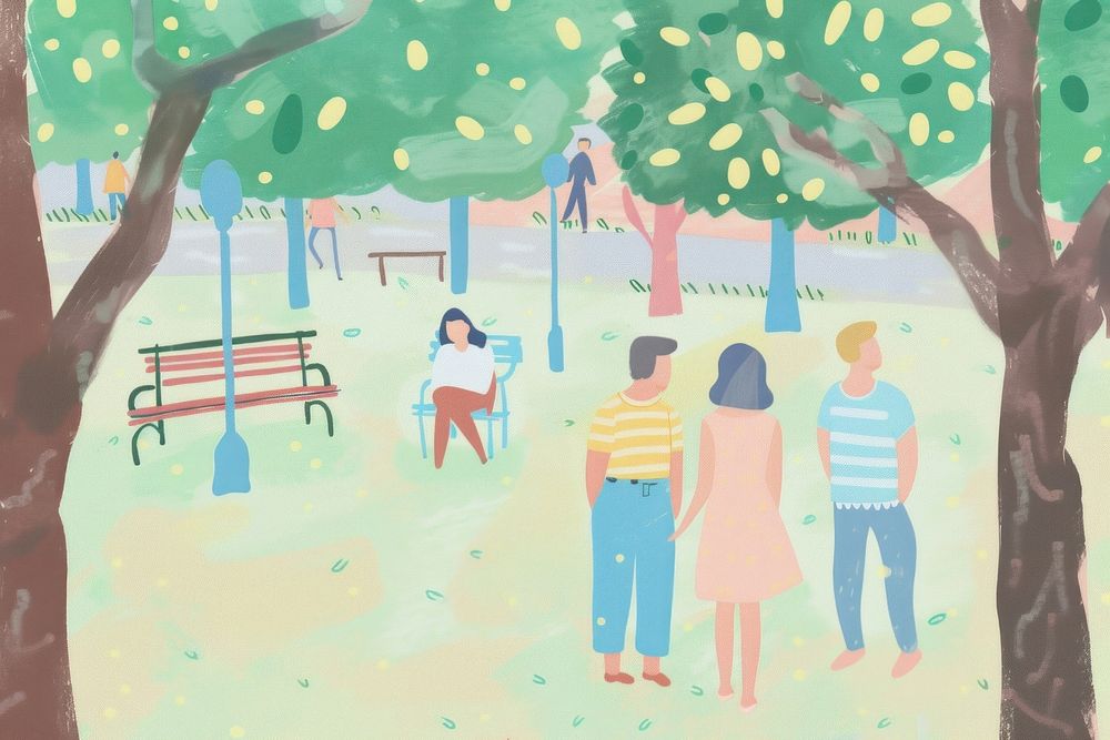 Cute people in park illustration painting outdoors drawing.