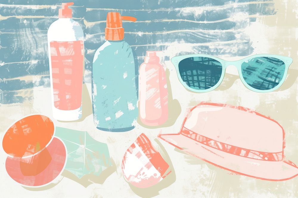 Cute summer products illustration sunglasses bottle accessories.