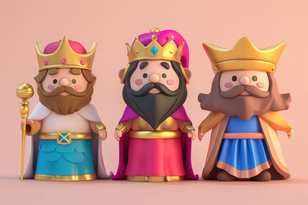 3d Three wise men cartoon crown representation.