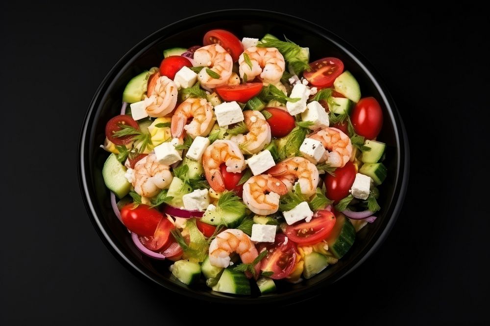Greek Salad with Shrimp and Kamut shrimp salad plate.