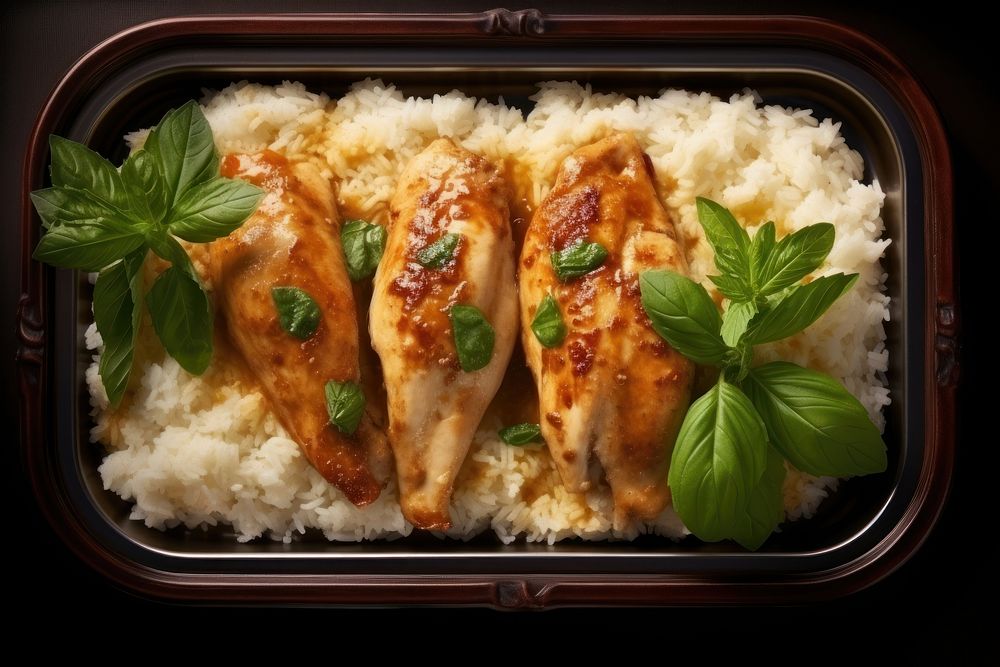 Steamed rice topped with chicken food meal meat.