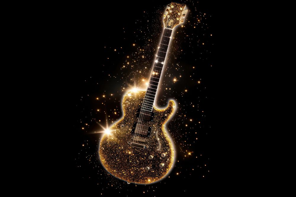 Guitar shape sparkle light glitter gold black background illuminated.