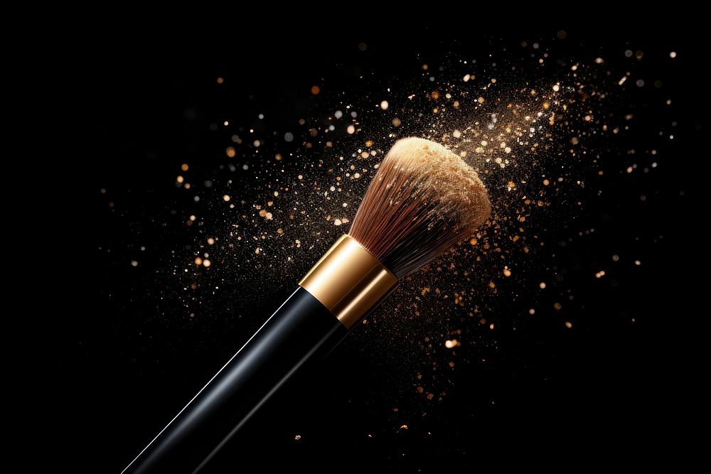 Makeup tool sparkle light glitter cosmetics brush black background.