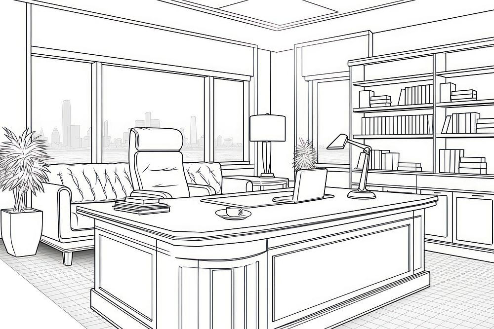 Office room sketch furniture drawing.