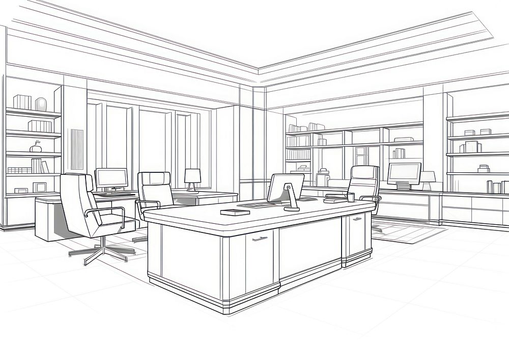 Office room sketch furniture drawing.