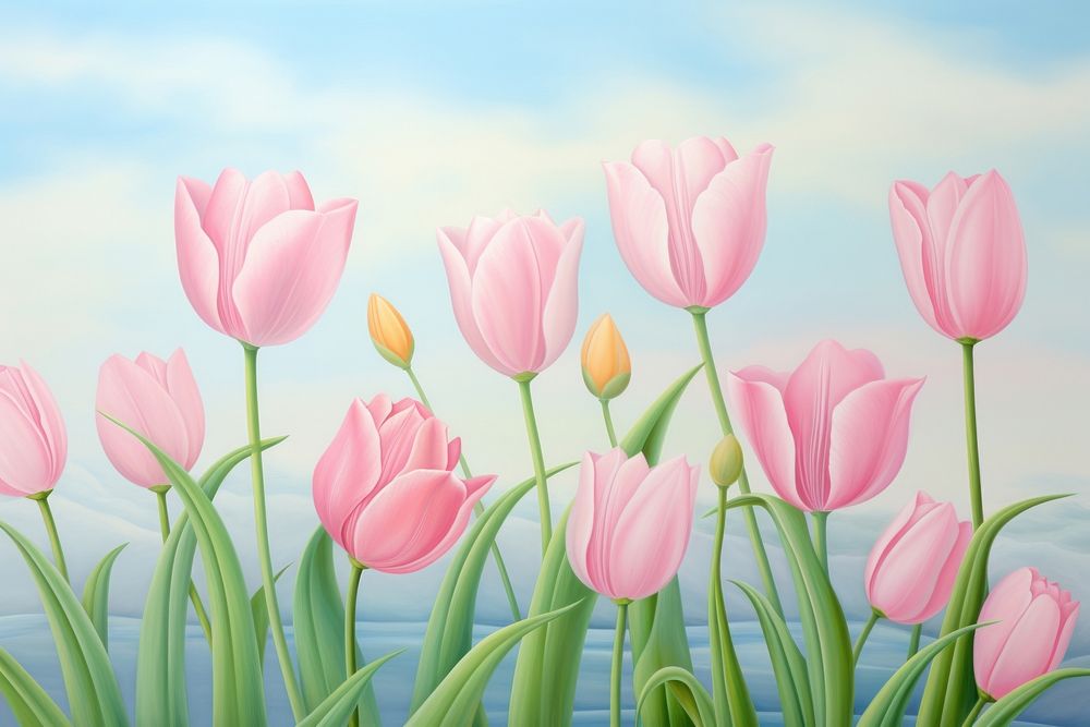 Painting of tulips backgrounds outdoors blossom.